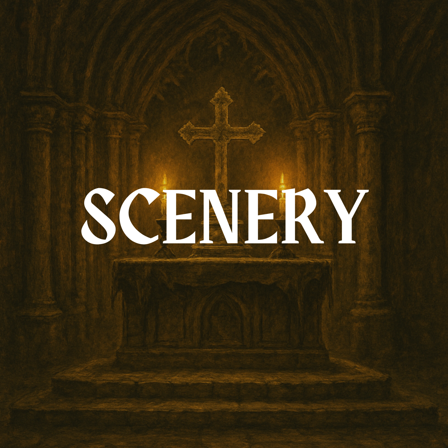 Collection of tabletop wargame scenery pieces, including terrain, buildings, and environmental features compatible with Warhammer and other miniature games.